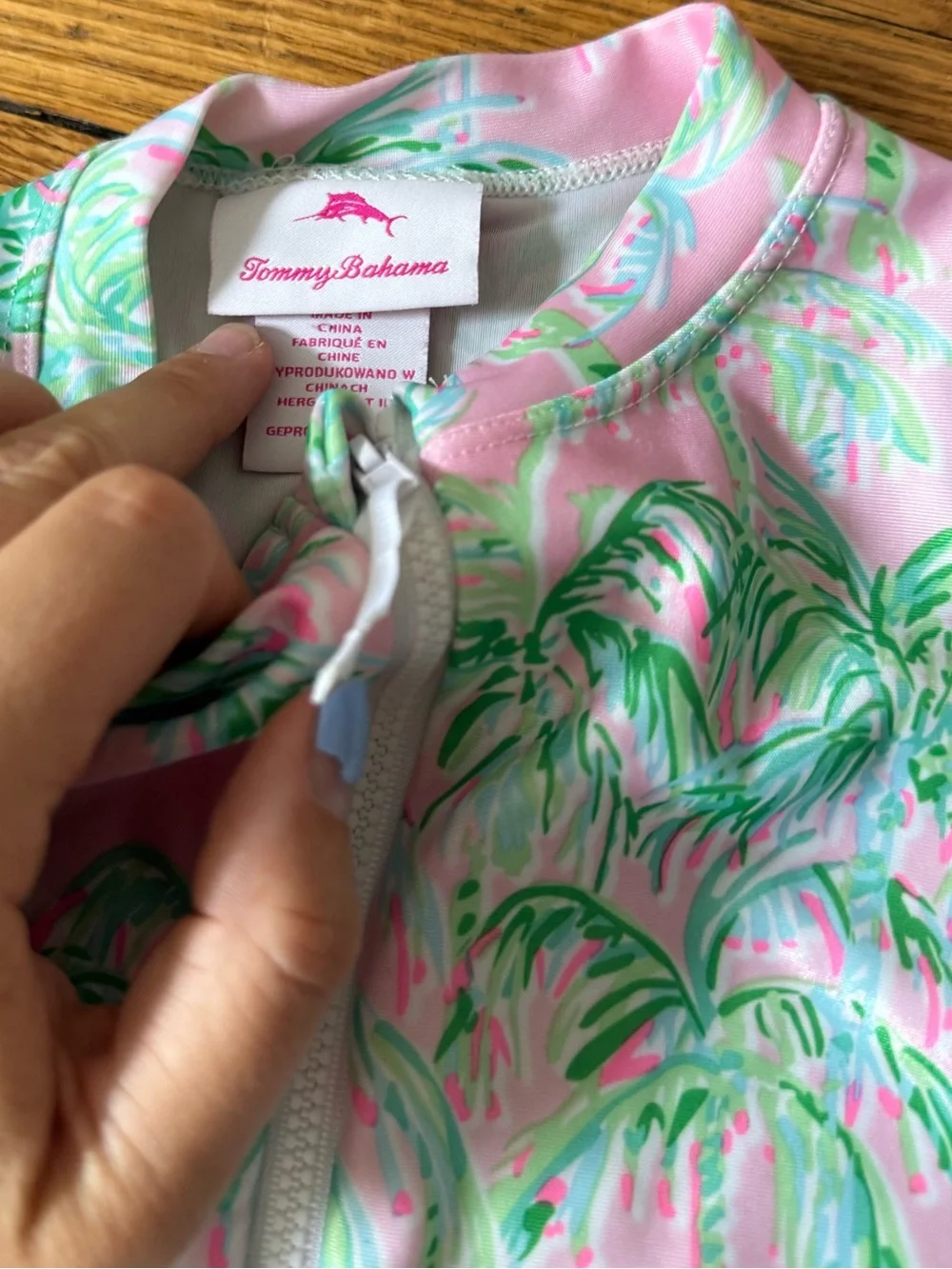 Tommy Bahama Pink and Green Palm Print One-Piece Swim Suit - Size 7 / 8